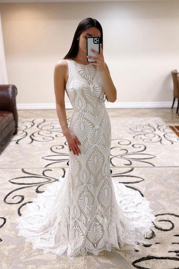 Sheath Lace Wedding Dress open Back Bridal Dress With Court Train