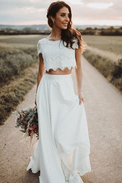 Short Sleeves Two-Piece Wedding Dresses with Lace Separates