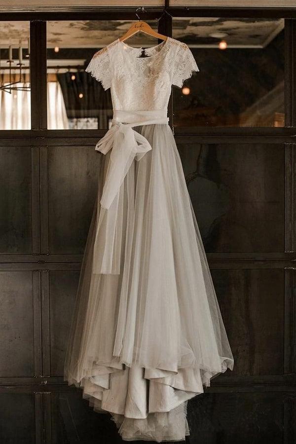 Short Sleeve Lace and Tulle Silver Wedding Dresses with Sash