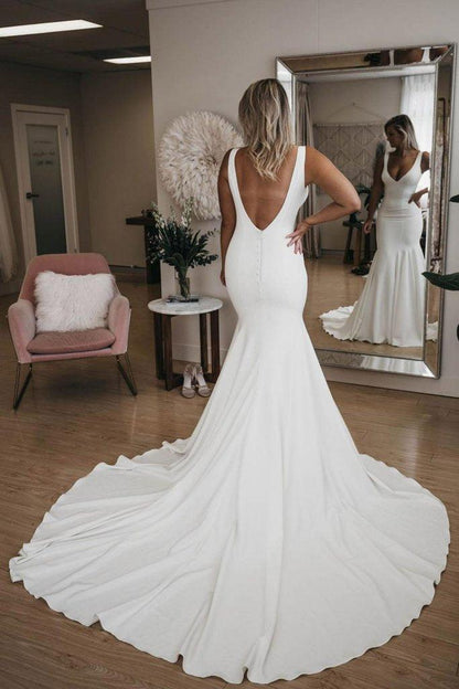 Simple V Neck Mermaid Beach Wedding Dress With Long Train