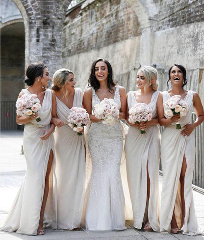 Simple Chiffon V-neck Sweep Train Pleated Bridesmaid Dresses With Slit