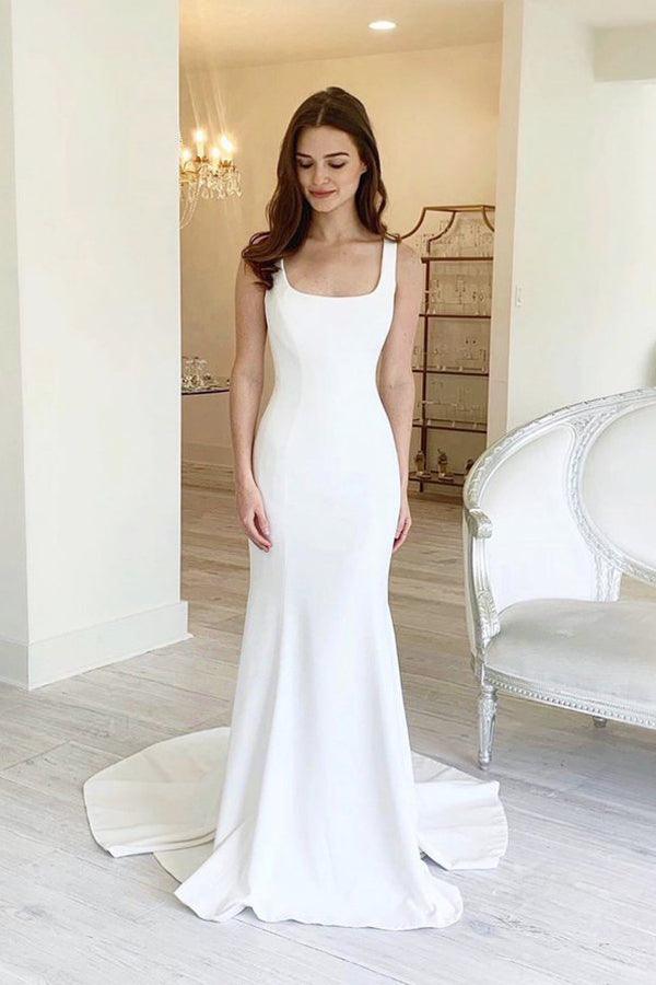 Simple Sheath Square Neck Long Backless Wedding Dress