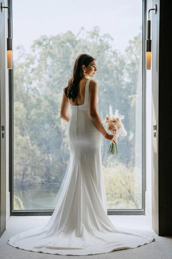 Simple Sheath Square Neck Long Backless Wedding Dress