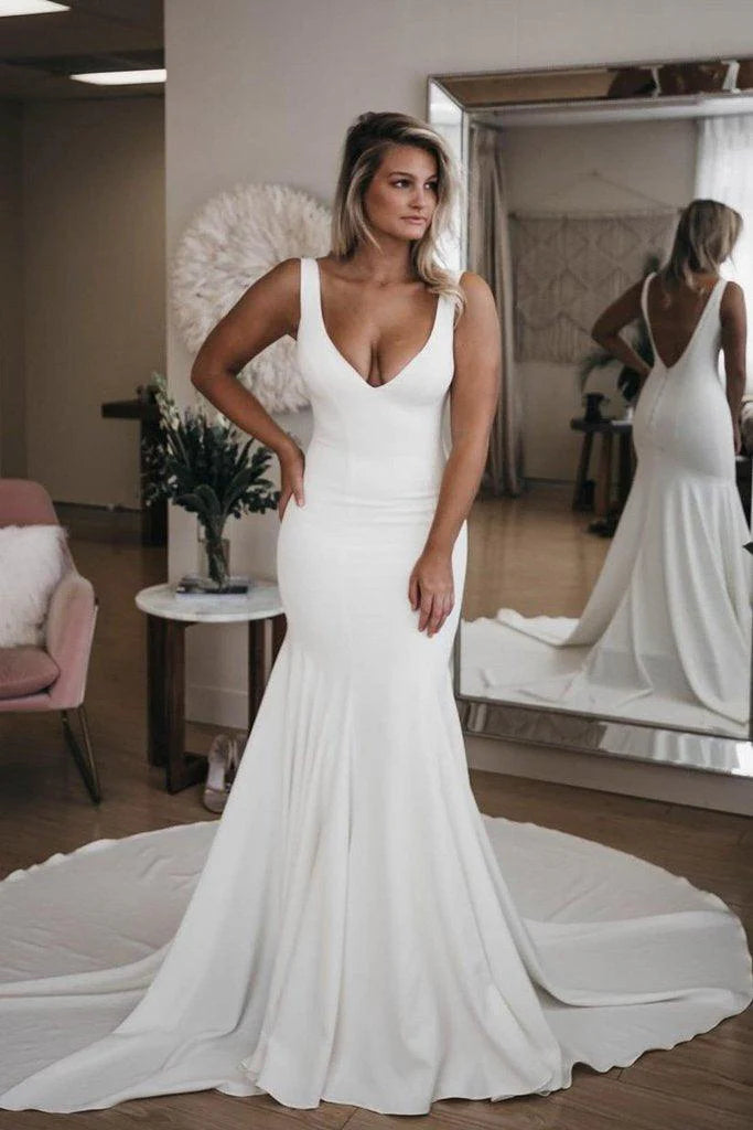 Simple V Neck Mermaid Beach Wedding Dress With Long Train