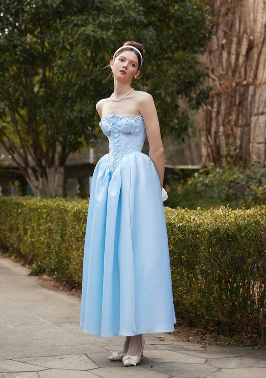 Sky Blue Satin Ball Gowns with Strapless Corset Bodice Lace Trim Lace Up Back and Full Skirt
