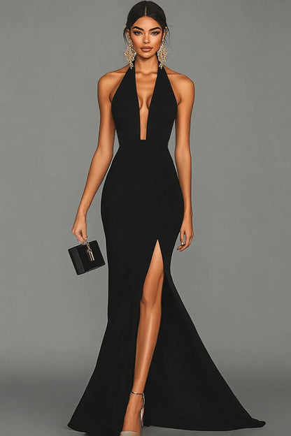 Sleek Black Halter Neck Deep Plunge Open-Back High Slit Mermaid Train Evening Dress