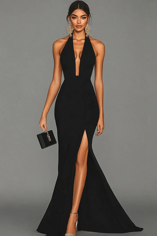 Sleek Black Halter Neck Deep Plunge Open-Back High Slit Mermaid Train Evening Dress