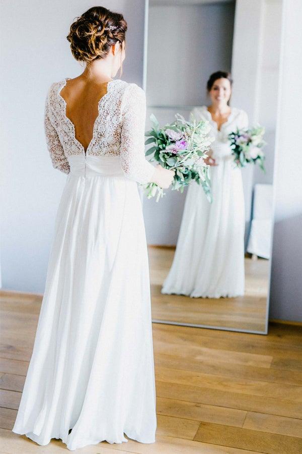 Sleeve See Through Backless Lace Chiffon Wedding Dresses