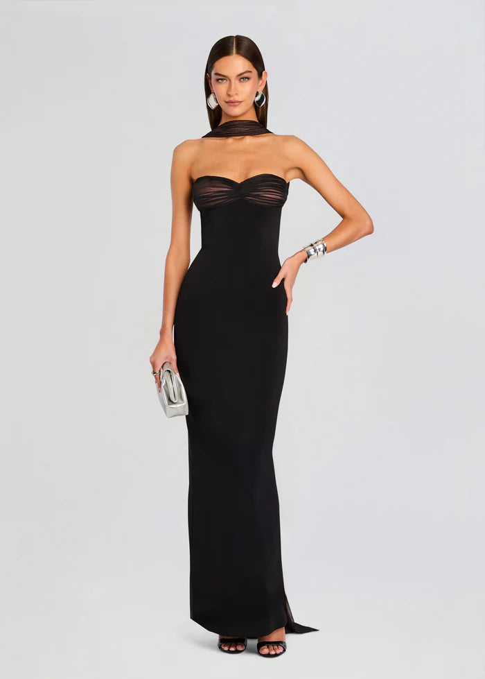 Sophisticated Black Strapless Sweetheart Neck Sheer Mesh Detail Choker Floor-Length Evening Dress