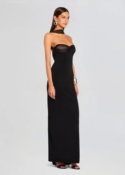 Sophisticated Black Strapless Sweetheart Neck Sheer Mesh Detail Choker Floor-Length Evening Dress