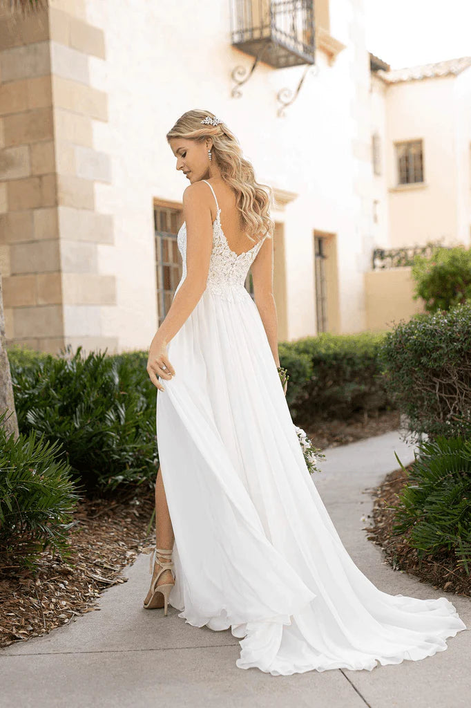 Spaghetti Straps Lace Split Chiffon Long Beach Wedding Dresses