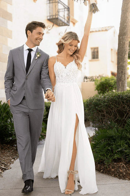 Spaghetti Straps Lace Split Chiffon Long Beach Wedding Dresses