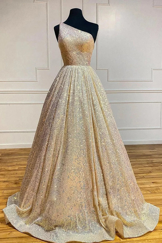 Sparkly Plus Size Light Blue One Shoulder A Line Sequins Prom Dress