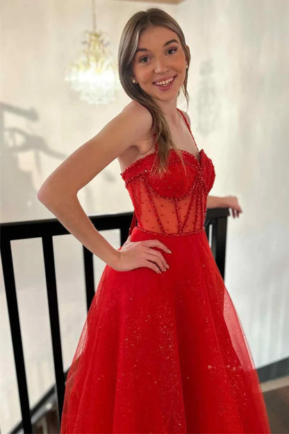 Straps Beaded A-Line Sparkly Prom Dress with Slit