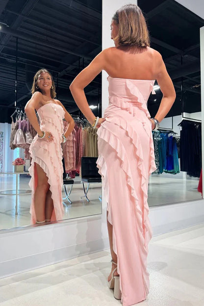 Strapless Ruffle Chiffon Pink Bridesmaid Dress with Slit