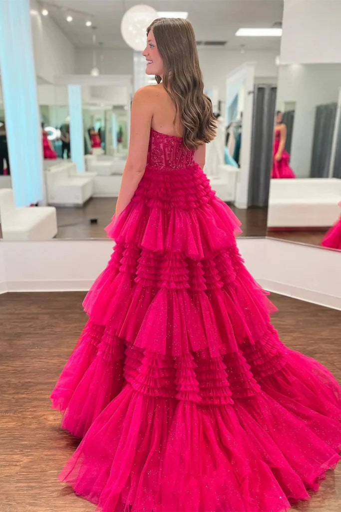 Multi-Layers Strapless Appliques A-line Tulle Long Prom Dress