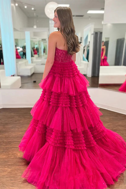 Multi-Layers Strapless Appliques A-line Tulle Long Prom Dress