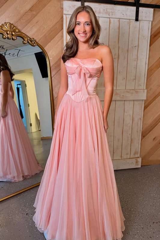 Strapless Bow-Front Corset Pleated Blush Pink Tulle A-Line Chapel Train Prom Dresses