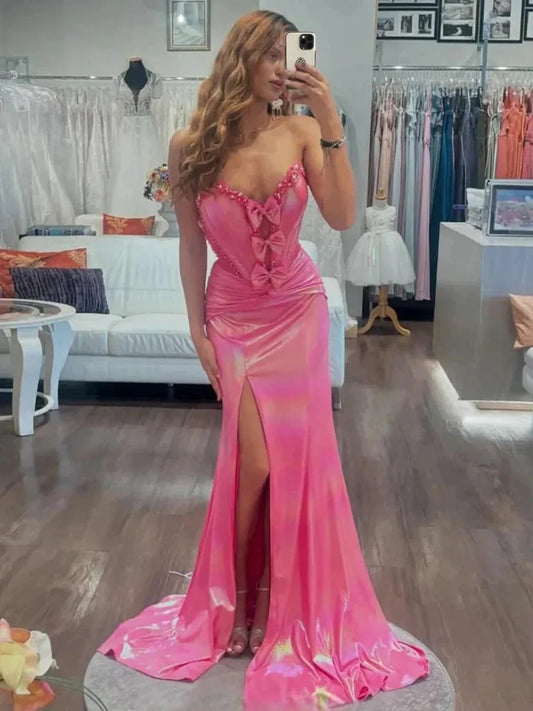 Strapless Bow Detail Iridescent Evening Dresses (Hot Pink)