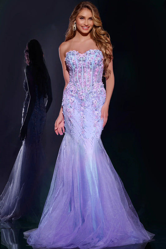 Strapless Sweetheart 3D Floral Embellished Corset Lilac Ombre Tulle Mermaid Chapel Train Prom Dresses
