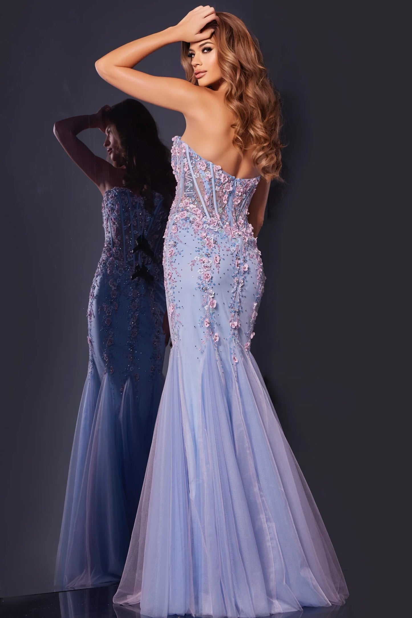 Strapless Sweetheart 3D Floral Embellished Corset Lilac Ombre Tulle Mermaid Chapel Train Prom Dresses