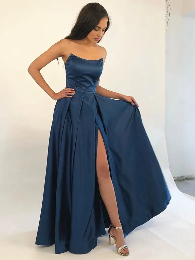 Prom Dress Strapless Navy Blue/Burgundy Wine Red Formal Evening Bridesmaid Dresses With Slit