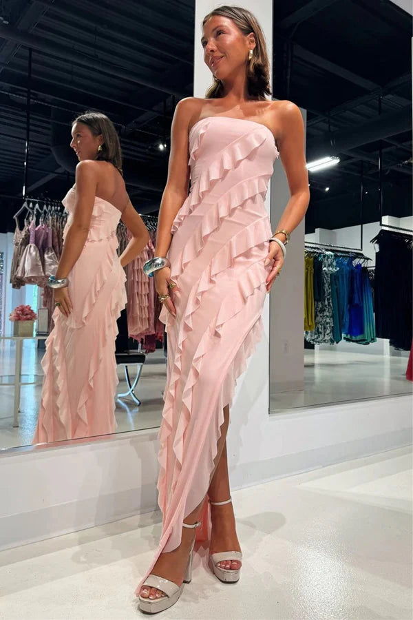 Strapless Ruffle Chiffon Pink Bridesmaid Dress with Slit