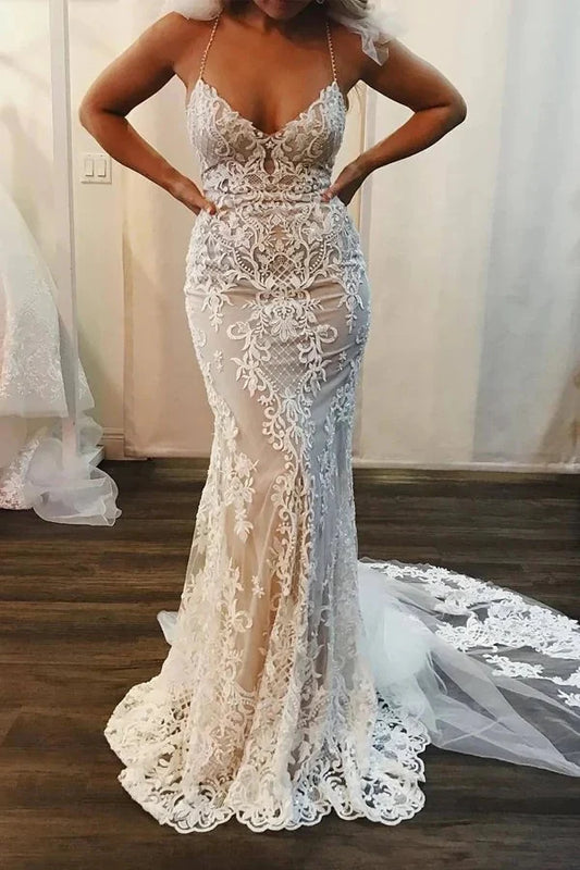 Straps Lace Mermaid Wedding Dresses Boho Wedding Dresses