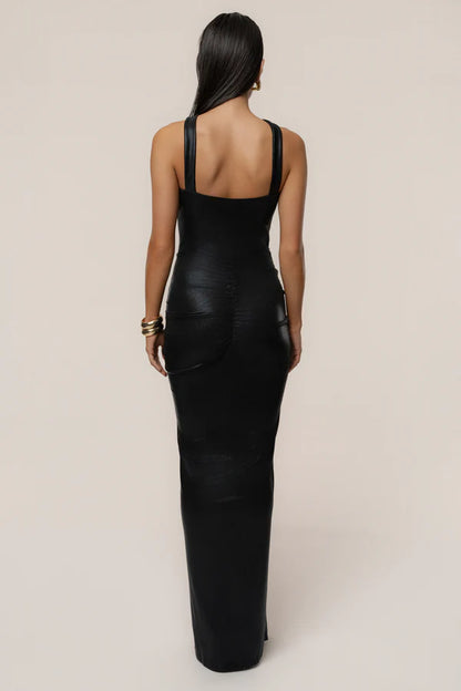 Sultry Black Metallic Halter Maxi Dress with Ruched Waist Detail, Evening Dresses