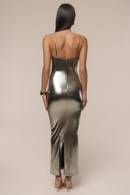 Glamorous Ombré Metallic Cowl Neck Maxi Dress with Spaghetti Straps, Evening Dresses
