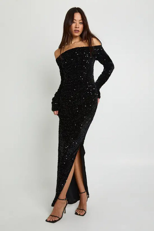 Sultry Black Sequin Asymmetric Off-Shoulder Maxi Dress with Side Slit, Evening Dresses