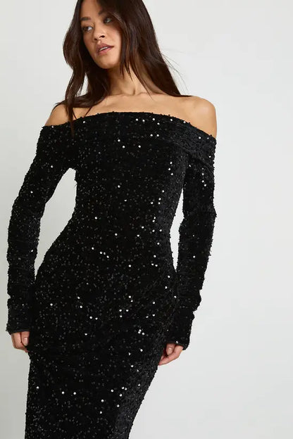 Sultry Black Sequin Asymmetric Off-Shoulder Maxi Dress with Side Slit, Evening Dresses