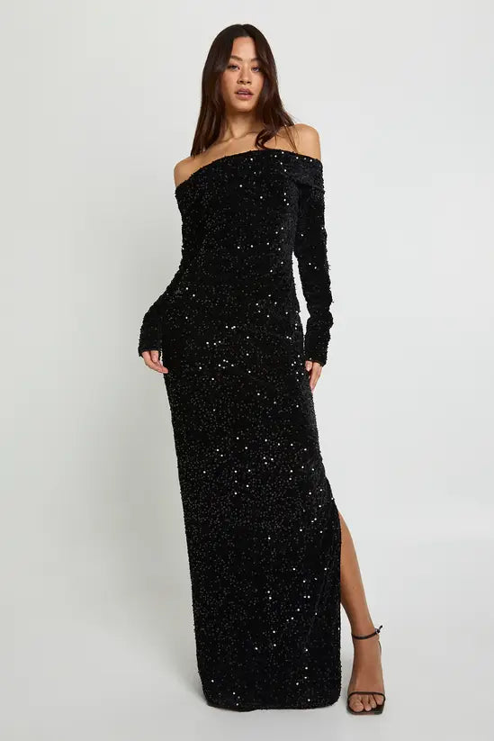 Sultry Black Sequin Asymmetric Off-Shoulder Maxi Dress with Side Slit, Evening Dresses