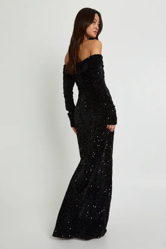 Sultry Black Sequin Asymmetric Off-Shoulder Maxi Dress with Side Slit, Evening Dresses