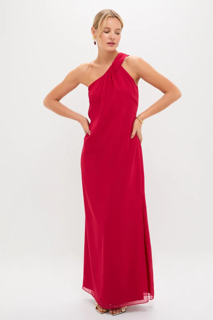 Sultry Red One-Shoulder Maxi Dress with Twist Detail and Side Slit, Evening Dresses