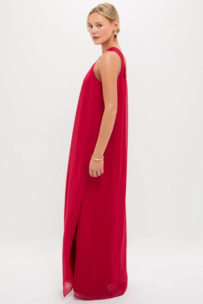 Sultry Red One-Shoulder Maxi Dress with Twist Detail and Side Slit, Evening Dresses