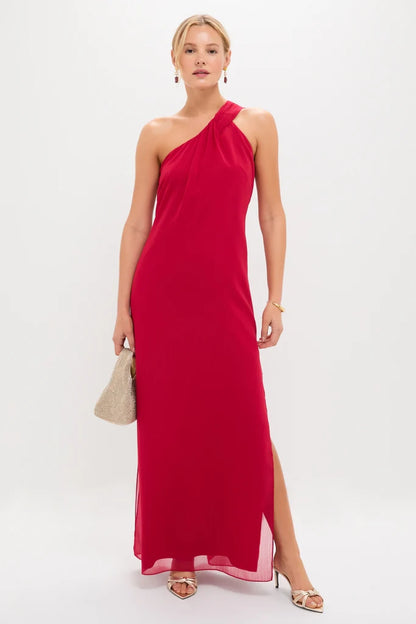 Sultry Red One-Shoulder Maxi Dress with Twist Detail and Side Slit, Evening Dresses