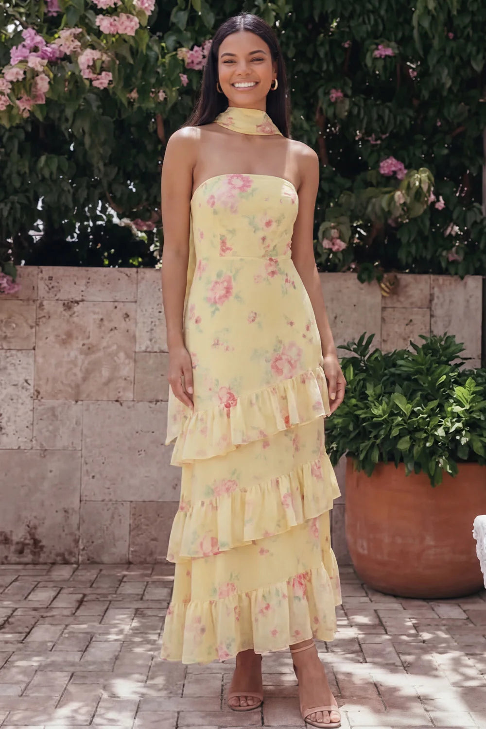 Sunny Strapless Halter Neck Watercolor Pink Floral Print Tiered Ruffle Maxi Dress with Detachable Scarf and Open Back Prom Dress