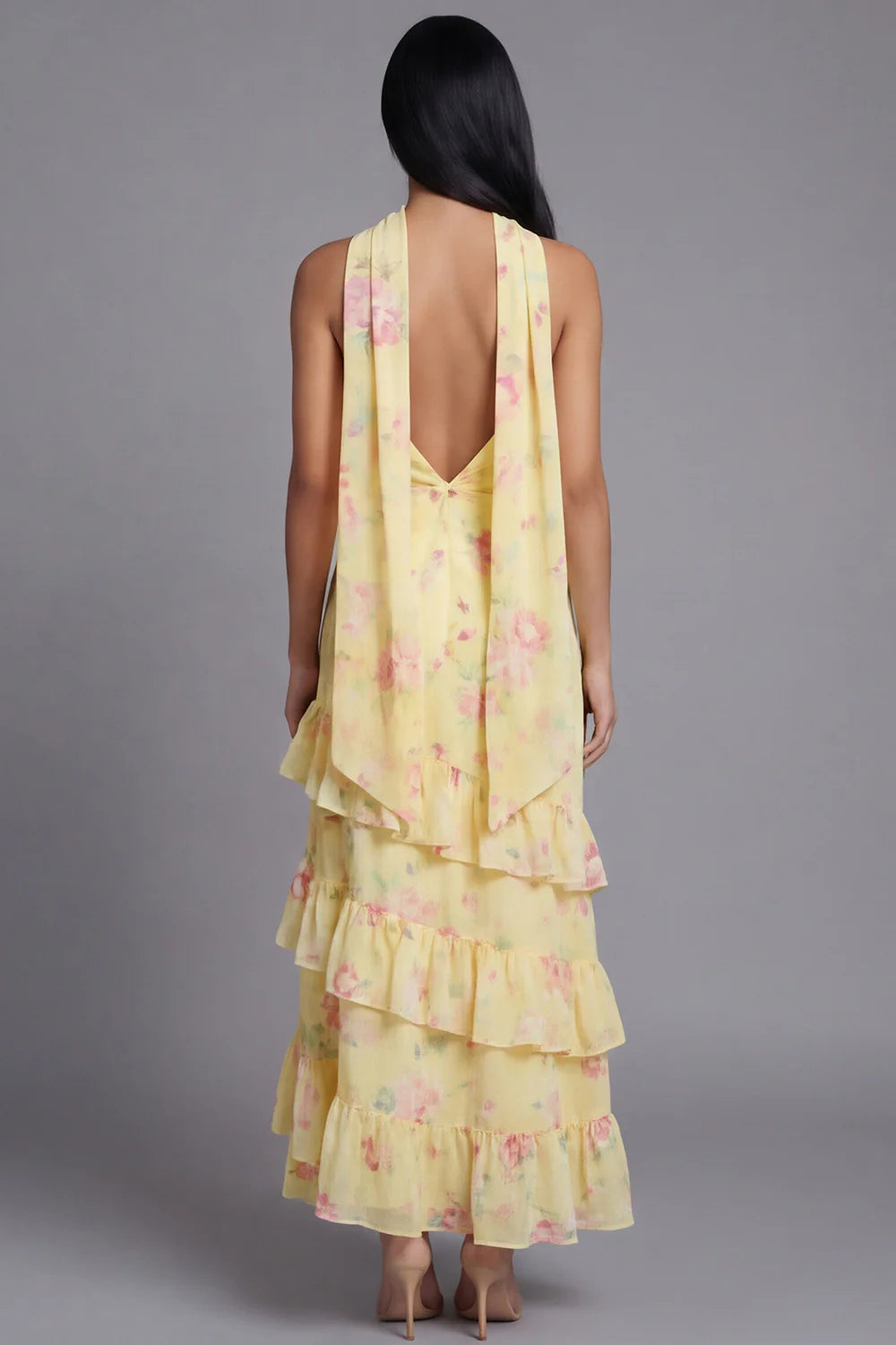 Sunny Strapless Halter Neck Watercolor Pink Floral Print Tiered Ruffle Maxi Dress with Detachable Scarf and Open Back Prom Dress