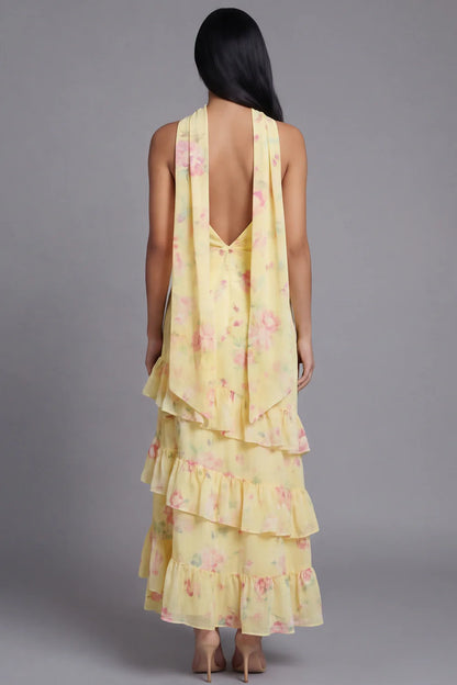 Sunny Strapless Halter Neck Watercolor Pink Floral Print Tiered Ruffle Maxi Dress with Detachable Scarf and Open Back Prom Dress