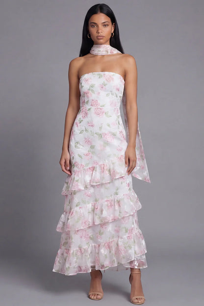 Sunny Strapless Halter Neck Watercolor Pink Floral Print Tiered Ruffle Maxi Dress with Detachable Scarf and Open Back Prom Dress