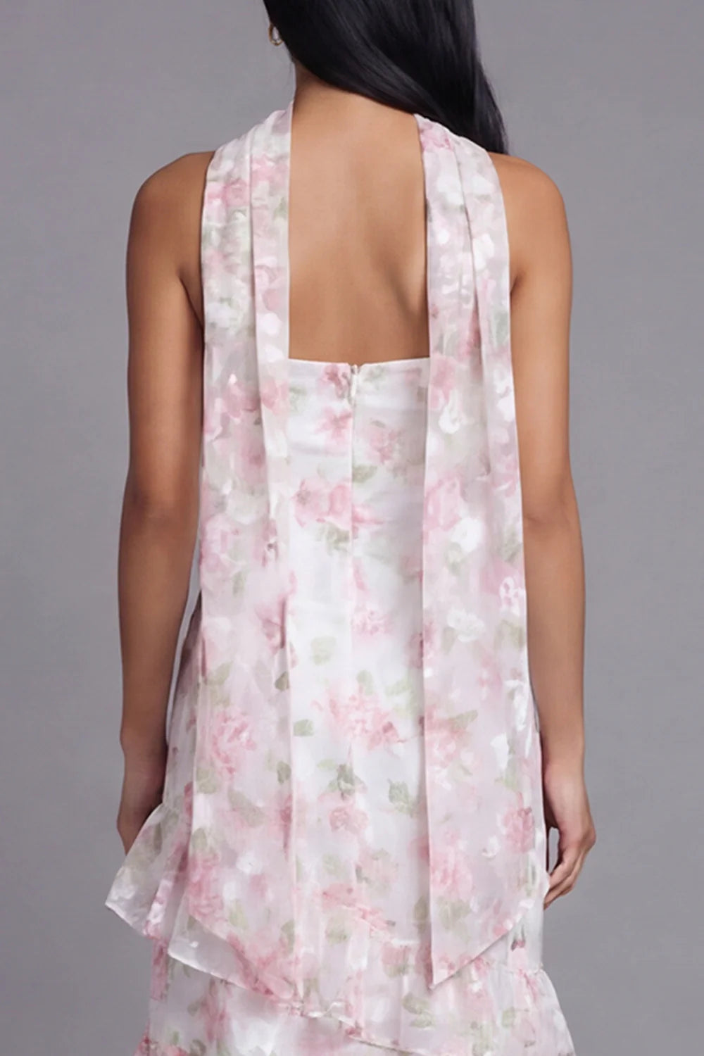 Sunny Strapless Halter Neck Watercolor Pink Floral Print Tiered Ruffle Maxi Dress with Detachable Scarf and Open Back Prom Dress