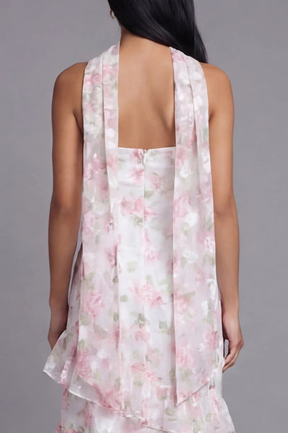 Sunny Strapless Halter Neck Watercolor Pink Floral Print Tiered Ruffle Maxi Dress with Detachable Scarf and Open Back Prom Dress