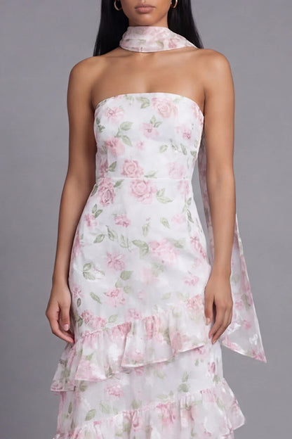 Sunny Strapless Halter Neck Watercolor Pink Floral Print Tiered Ruffle Maxi Dress with Detachable Scarf and Open Back Prom Dress