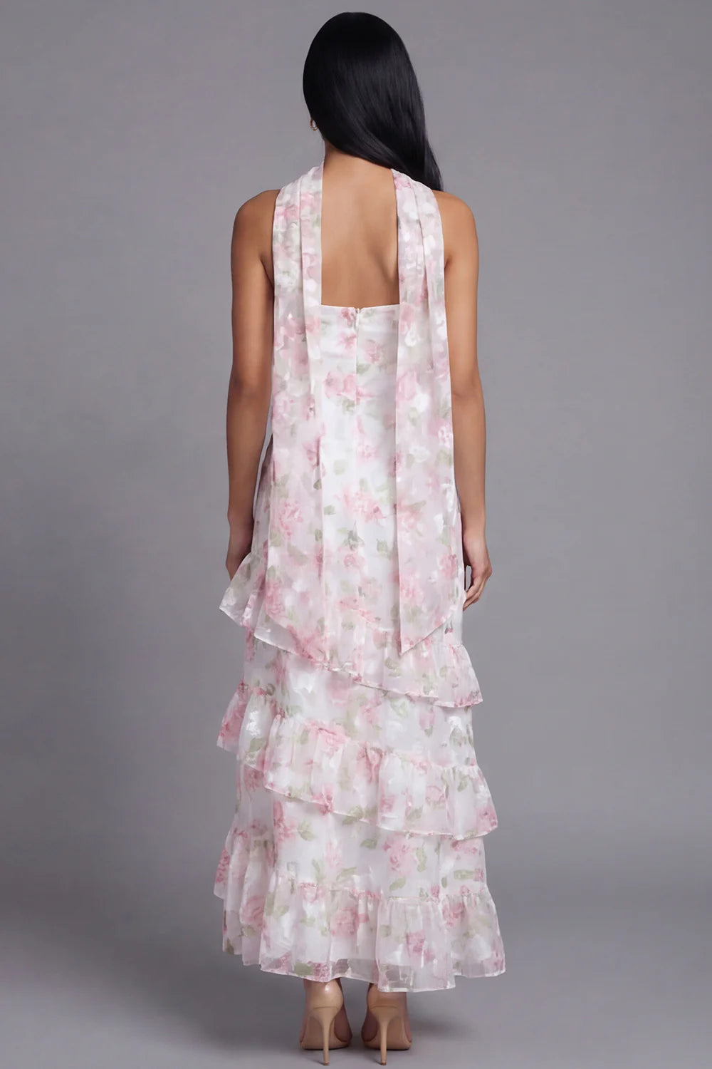 Sunny Strapless Halter Neck Watercolor Pink Floral Print Tiered Ruffle Maxi Dress with Detachable Scarf and Open Back Prom Dress