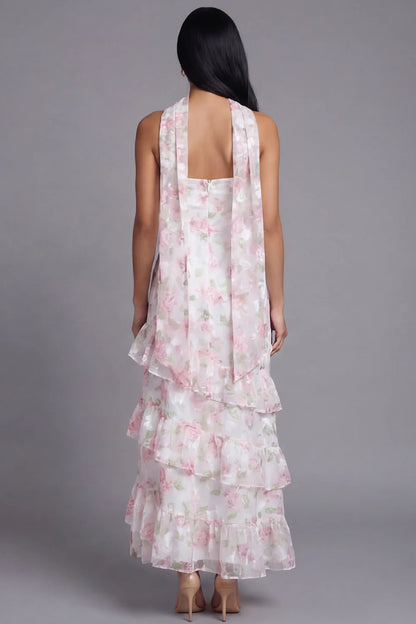 Sunny Strapless Halter Neck Watercolor Pink Floral Print Tiered Ruffle Maxi Dress with Detachable Scarf and Open Back Prom Dress