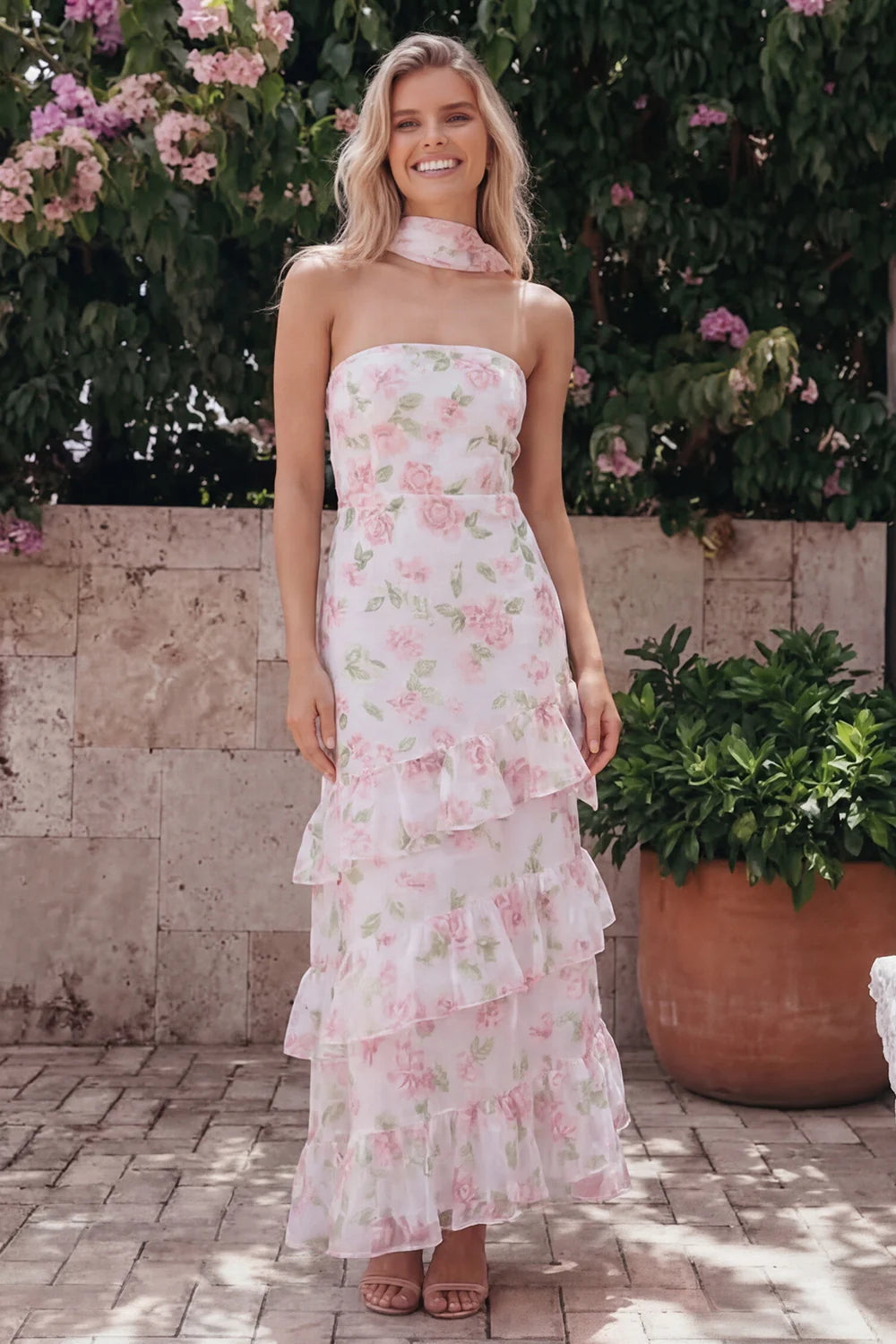 Sunny Strapless Halter Neck Watercolor Pink Floral Print Tiered Ruffle Maxi Dress with Detachable Scarf and Open Back Prom Dress