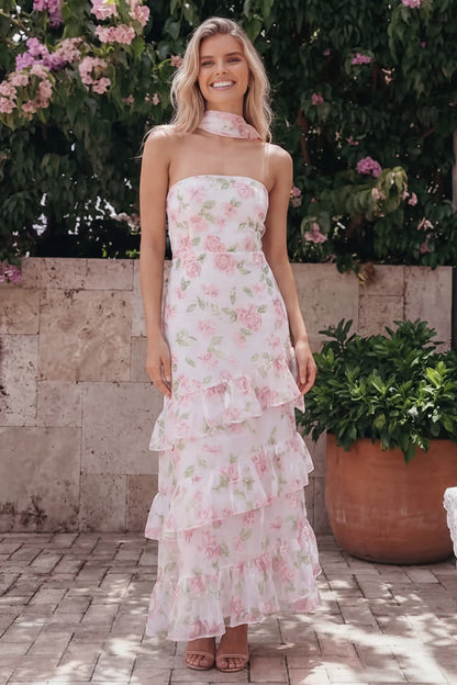 Sunny Strapless Halter Neck Watercolor Pink Floral Print Tiered Ruffle Maxi Dress with Detachable Scarf and Open Back Prom Dress