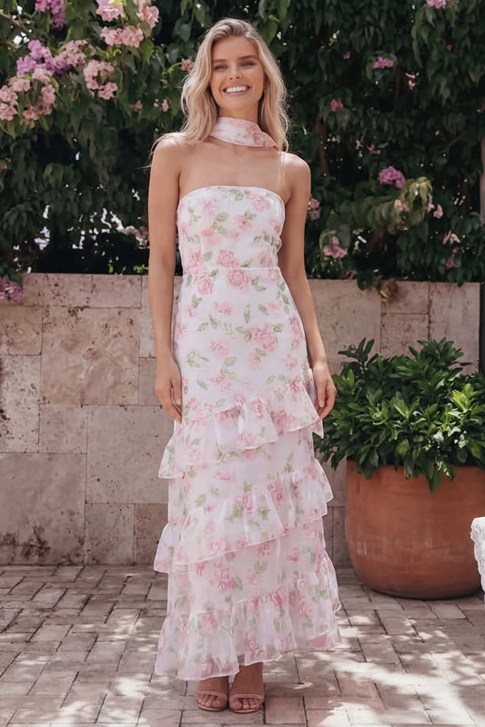 Sunny Strapless Halter Neck Watercolor Pink Floral Print Tiered Ruffle Maxi Dress with Detachable Scarf and Open Back Prom Dress