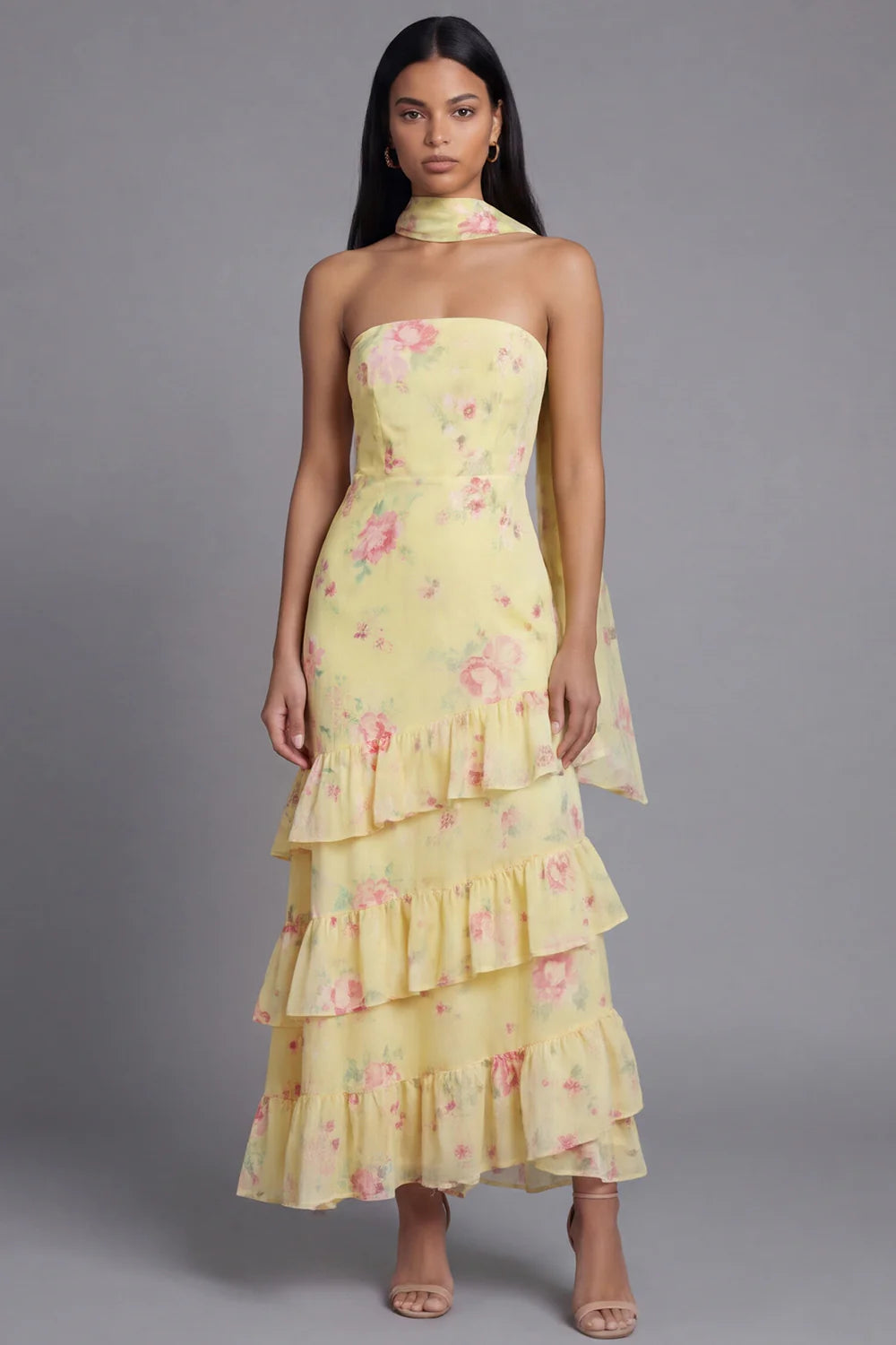 Sunny Strapless Halter Neck Watercolor Pink Floral Print Tiered Ruffle Maxi Dress with Detachable Scarf and Open Back Prom Dress